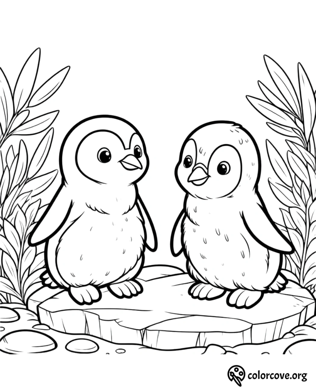 a black and white drawing of two penguins