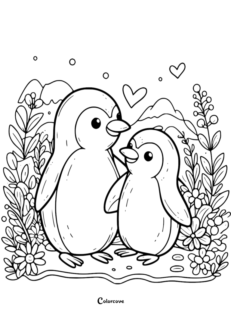 A cute coloring page featuring a large adult penguin and a smaller penguin standing together surrounded by flowers and hearts.