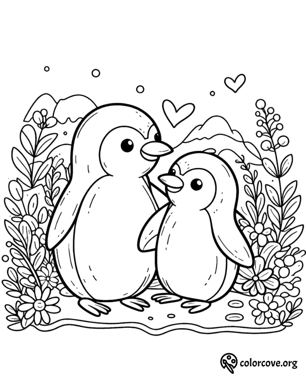 a coloring page of two penguins