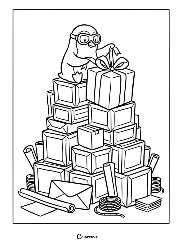 A cute penguin wearing aviator goggles sitting atop a large stack of gift boxes, tying a ribbon on a present, in this printable coloring page.