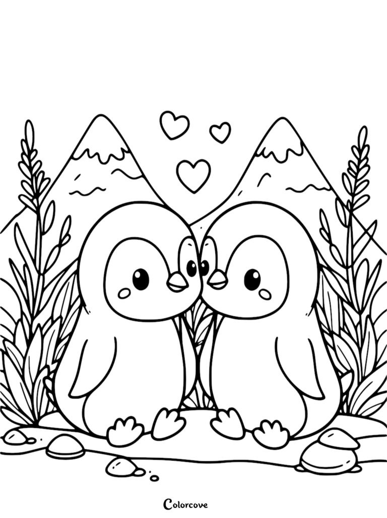 A printable coloring page featuring two adorable penguins sitting together with hearts floating above them against a mountain backdrop.