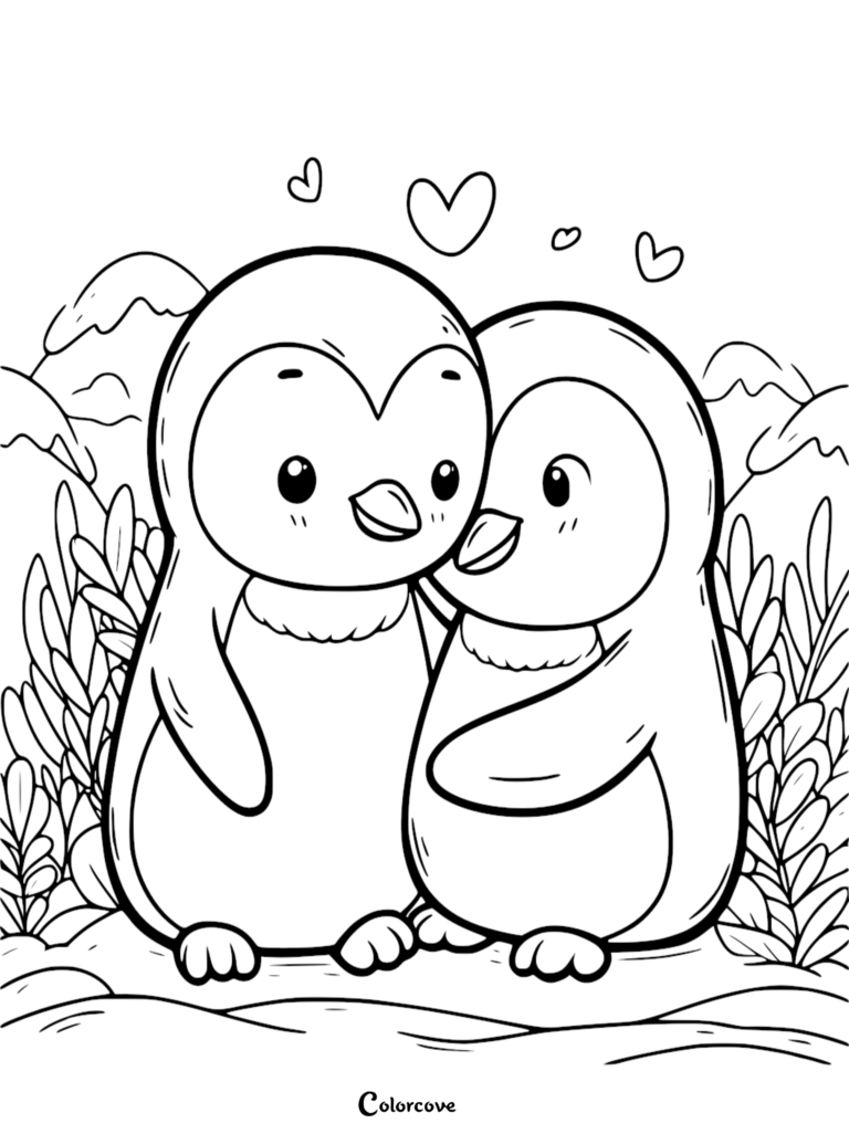 Two adorable penguins cuddling together in a snowy landscape with floating hearts in this printable coloring page.