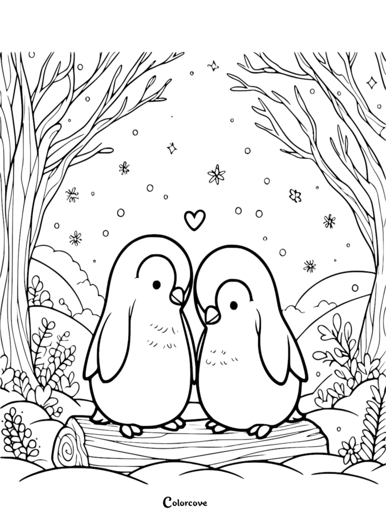 Two cute penguins sitting together on a log in a snowy forest with a heart symbol above them, printable coloring page.