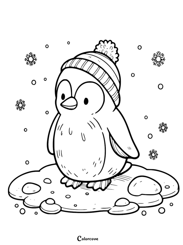 A cute penguin wearing a pom-pom beanie standing on a snowy patch in this printable coloring page.