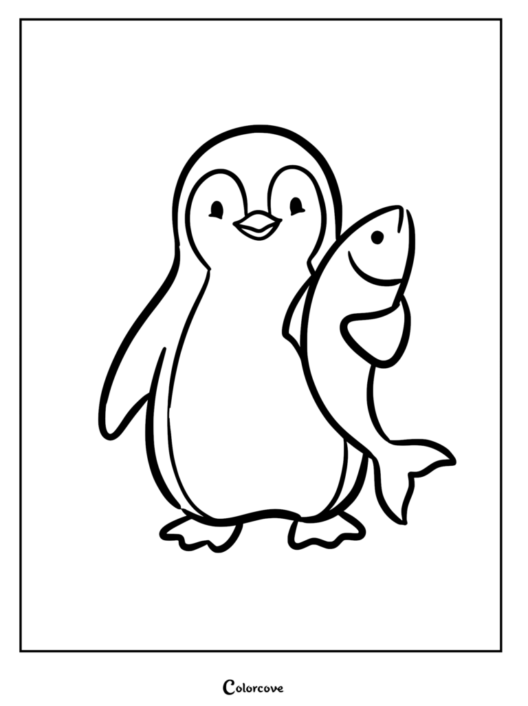 A simple coloring page featuring a happy cartoon penguin holding a large fish in its flipper.