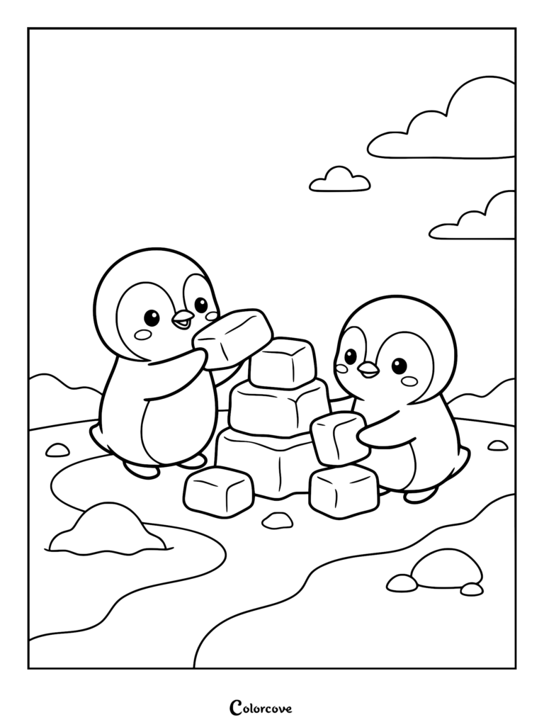 Two cute penguins stacking ice blocks to build an igloo in this printable coloring page.