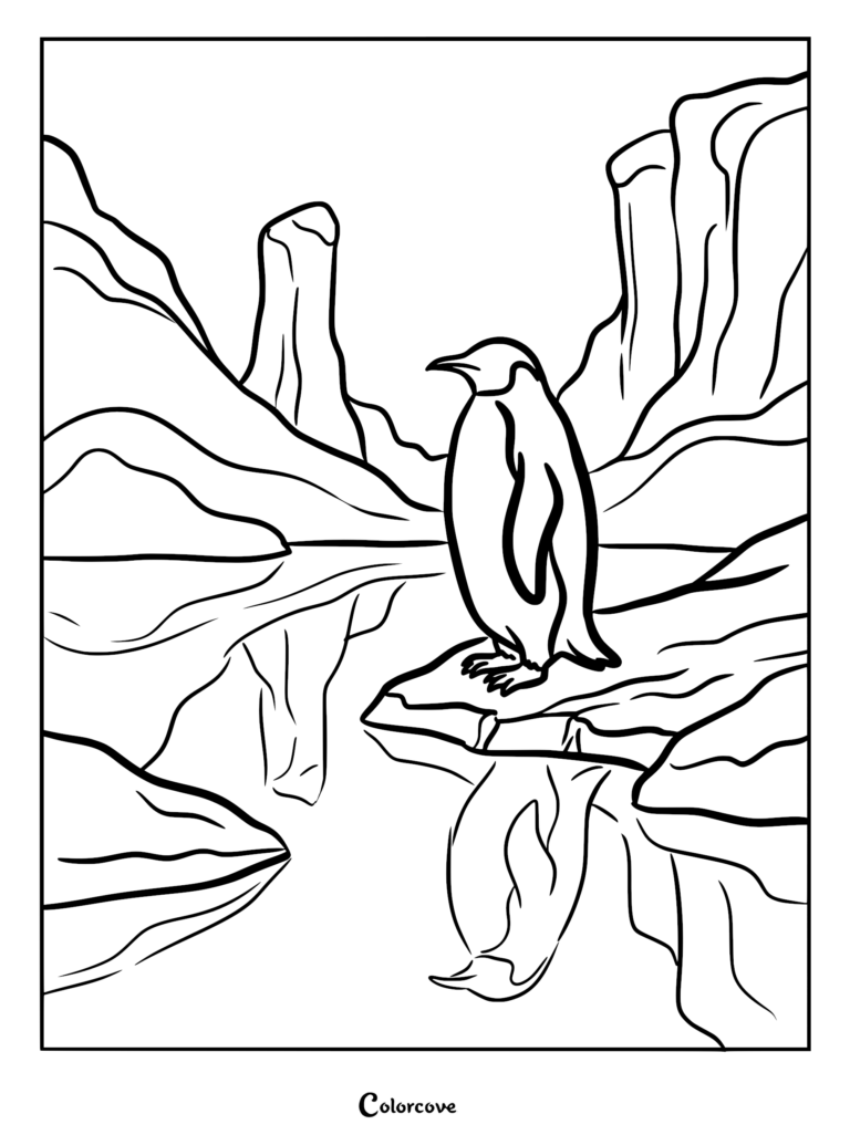 A penguin standing on a small iceberg in a glacial landscape coloring page with mountain reflections in the water.