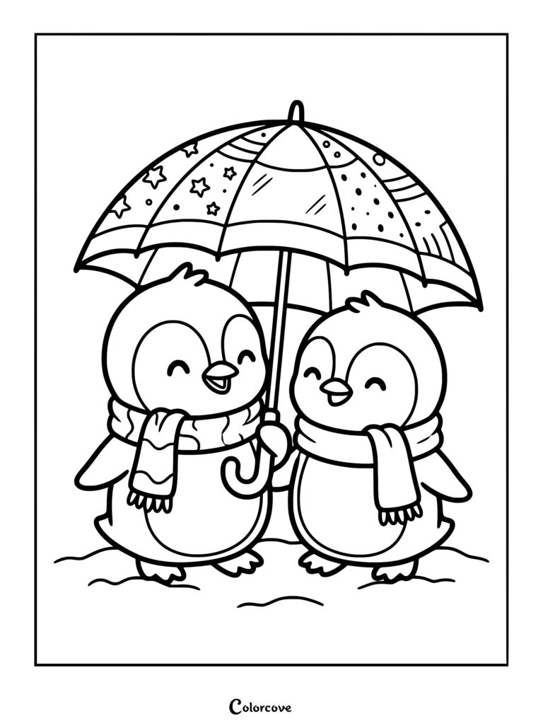 Two happy penguins wearing scarves standing together under a patterned umbrella in this printable coloring page.