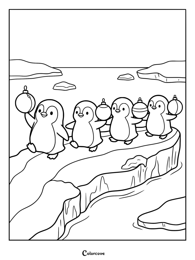 Four cute penguins walking on an ice floe while holding Christmas tree ornaments in this printable coloring page.