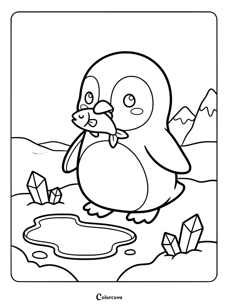 A cute baby penguin holding a fish in its beak on a snowy landscape with ice crystals, printable coloring page.
