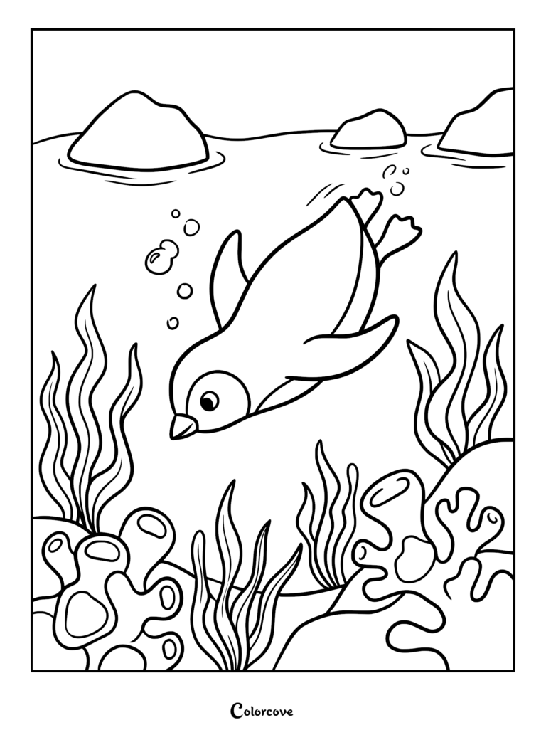 A cute penguin swimming underwater past coral reefs and seaweed in this printable coloring page.