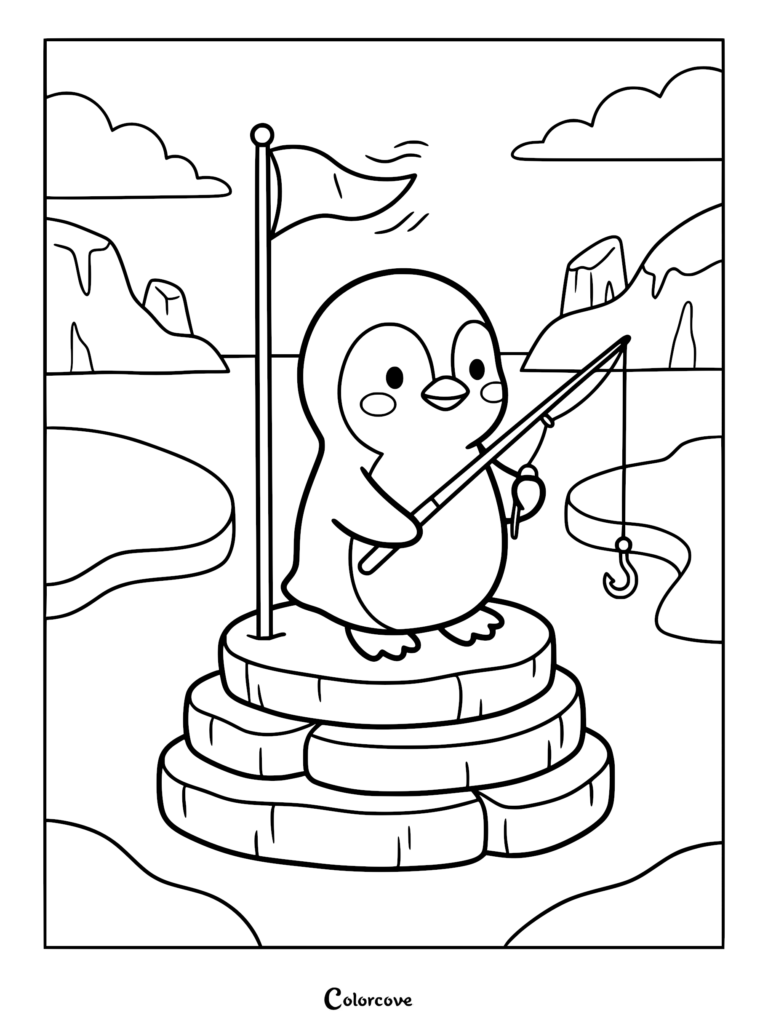 A cute penguin standing on a stack of ice floes with a flag, holding a fishing rod, in this printable coloring page.