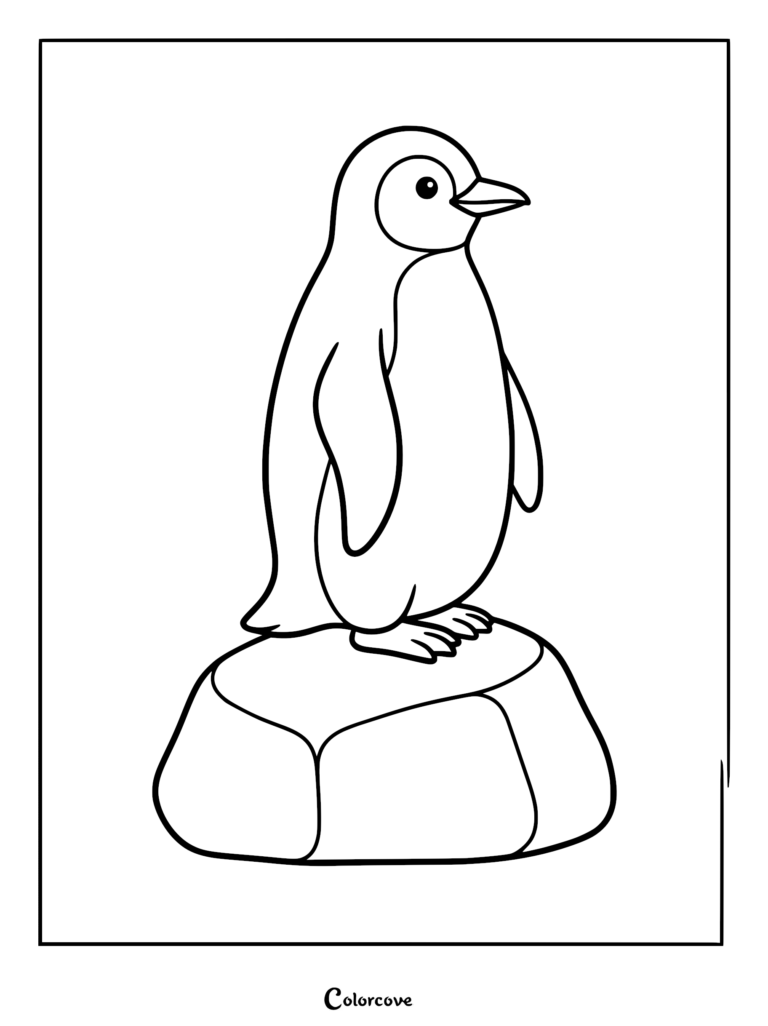 A simple coloring page featuring a small penguin standing upright on a flat, smooth rock in profile view.