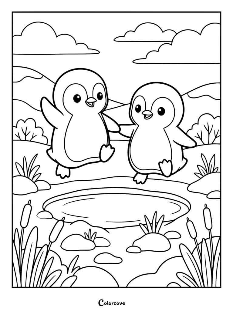 Two cute cartoon penguins jumping together near a small pond in a landscape coloring page.