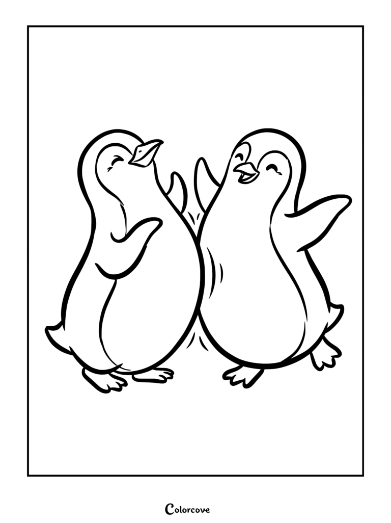 Two cheerful penguins bumping bellies in a joyful dance, line art coloring page.