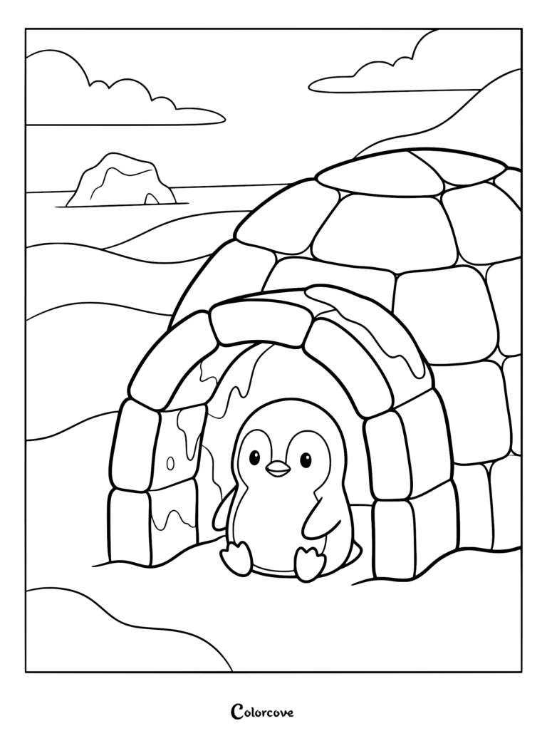 A cute cartoon penguin sitting inside a block-style igloo on a snowy landscape, printable coloring page.