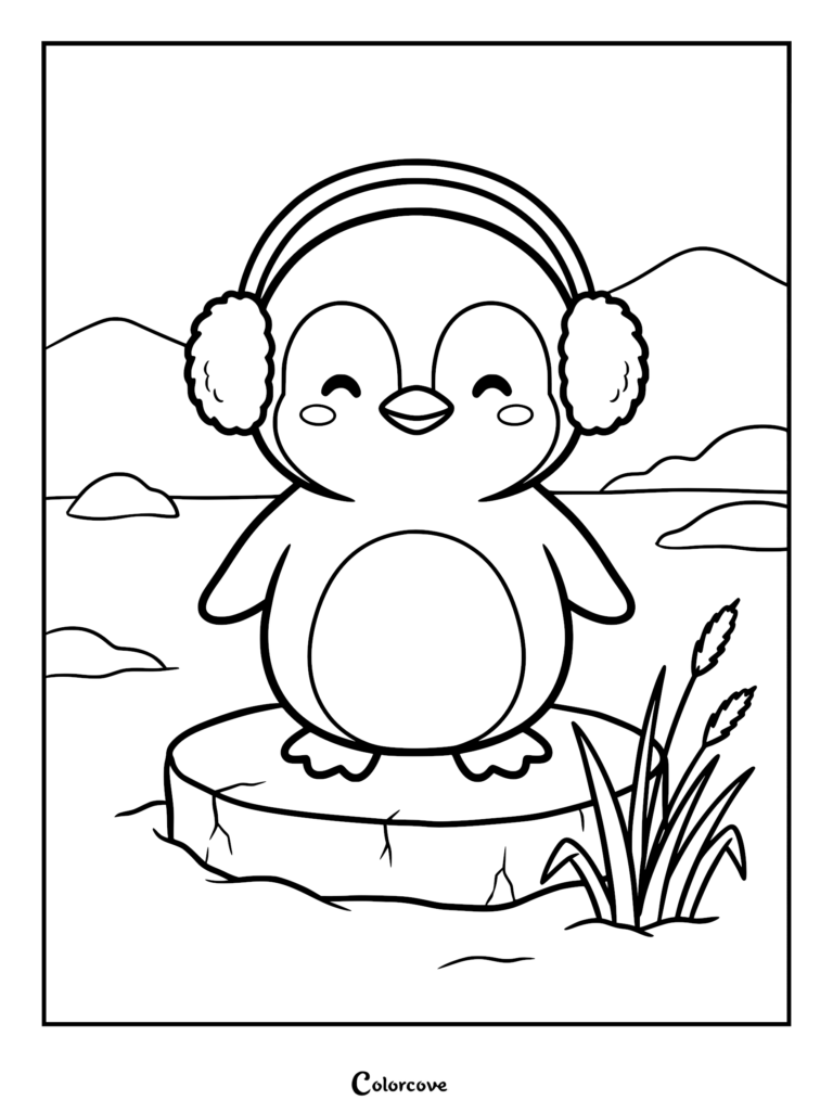 A happy penguin wearing fluffy earmuffs standing on a small ice floe, printable coloring page.