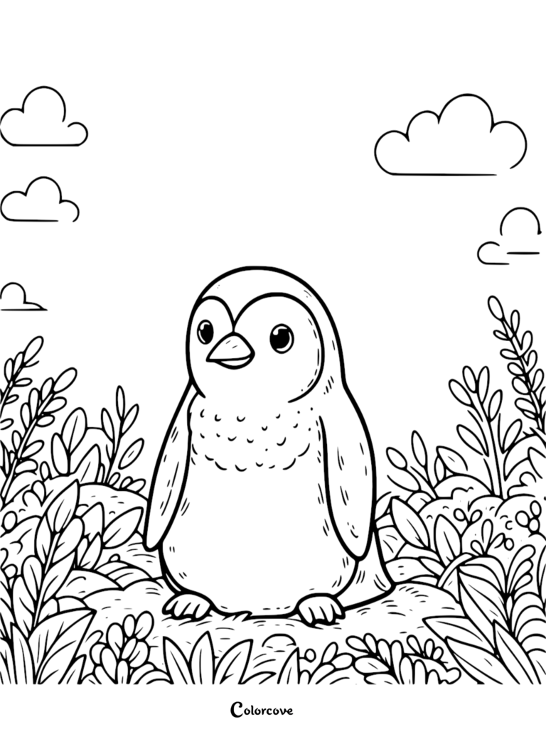 A cute baby penguin standing in a lush grassy field with clouds in the sky, coloring page style line art.