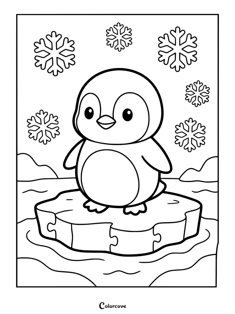 A cute baby penguin standing on a puzzle-piece shaped iceberg surrounded by falling snowflakes in this printable coloring page.