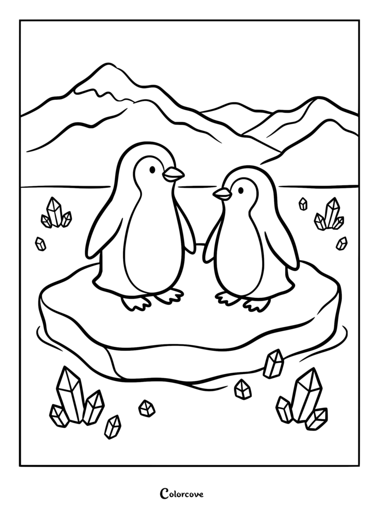 Two penguins standing on a floating ice block surrounded by crystal formations with snowy mountains in the background, printable coloring page.