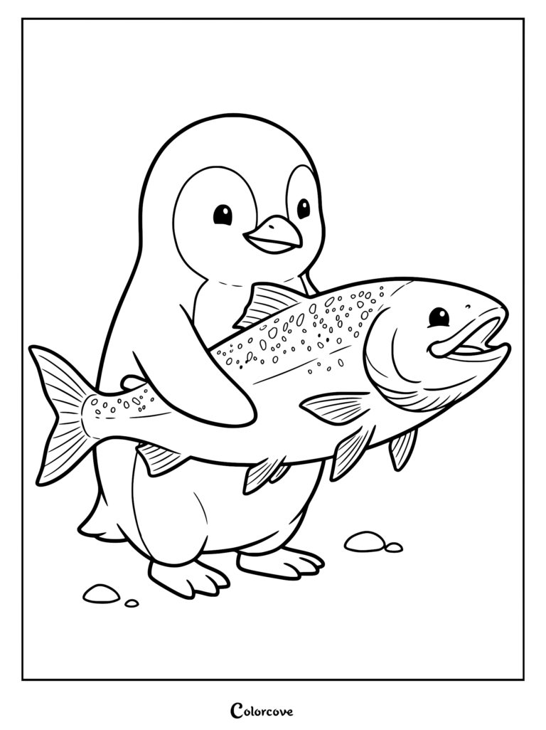 A happy cartoon penguin holding a large spotted fish in this printable coloring page.