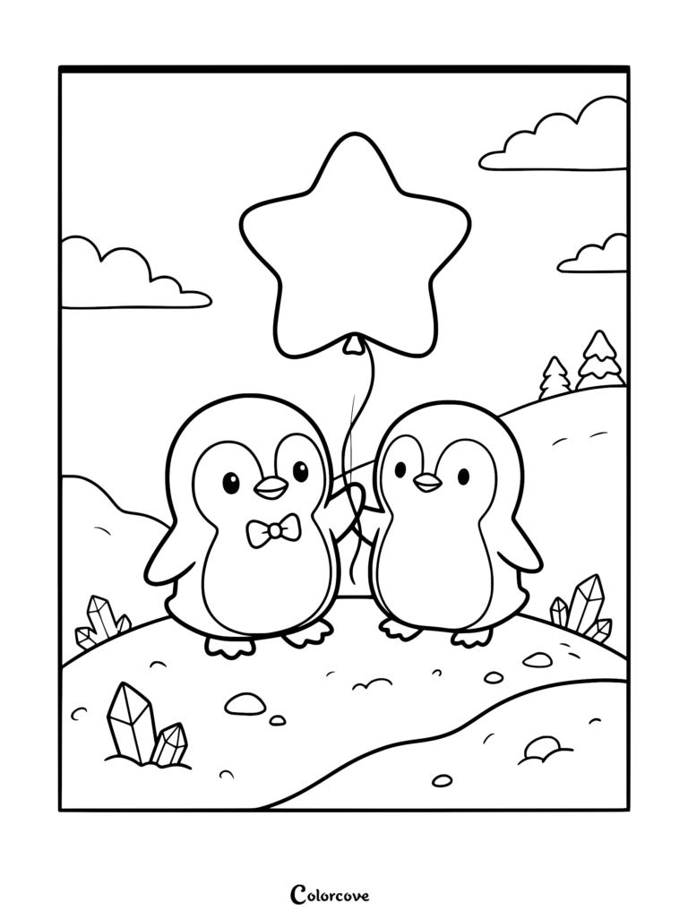 Two cute penguins standing on a snowy hill with crystals, one wearing a bowtie and both holding a star-shaped balloon in this printable coloring page.