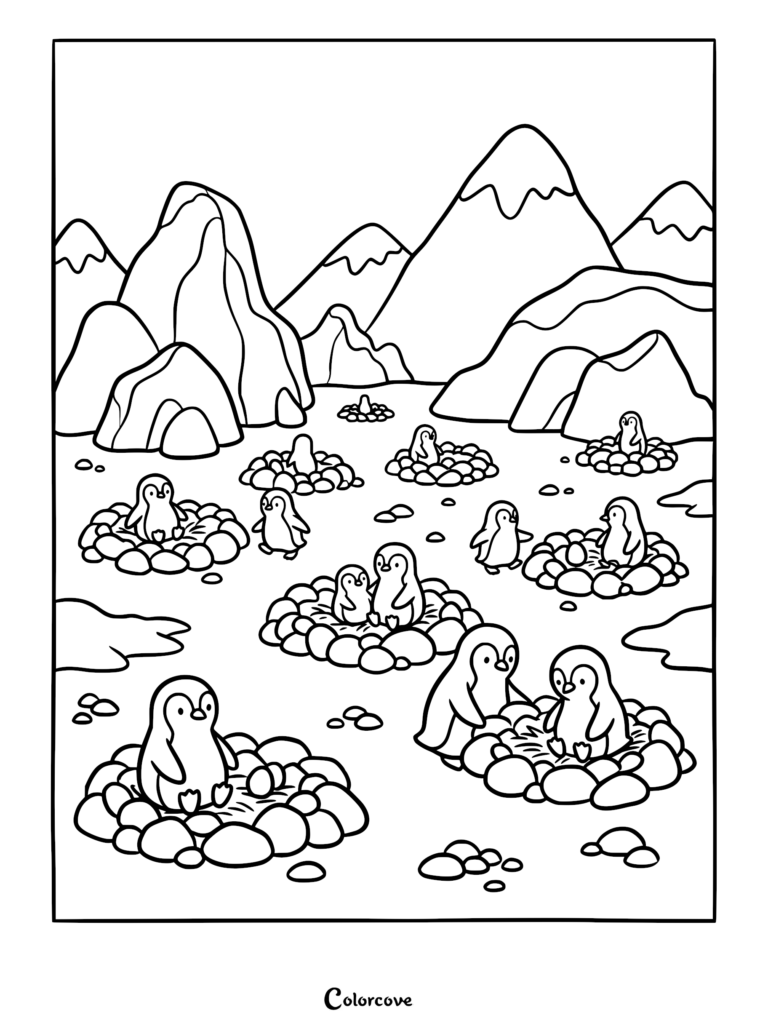 A printable coloring page featuring a large colony of penguins sitting on pebble nests in a snowy mountain landscape.