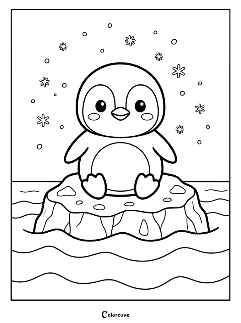 A cute baby penguin sitting on a small iceberg surrounded by falling snowflakes in this printable coloring page.