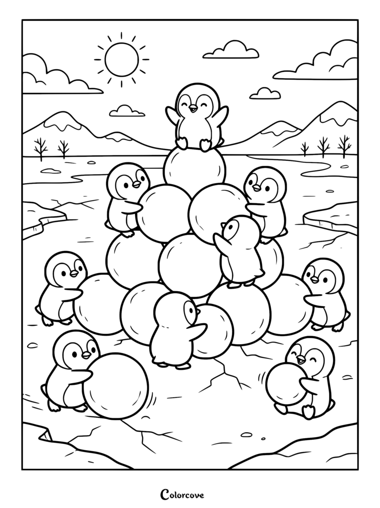 A group of cute penguins stacking large snowballs to build a fort in a snowy landscape, printable coloring page.