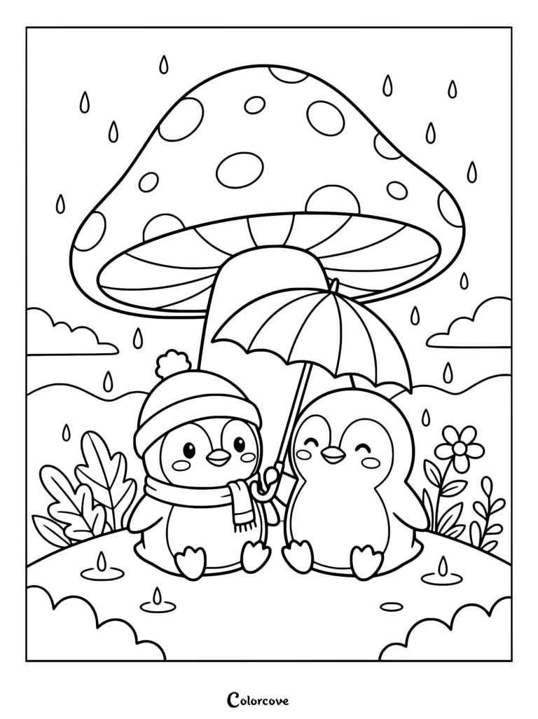 Two cute penguins sitting under a large mushroom and holding an umbrella in the rain, printable coloring page.
