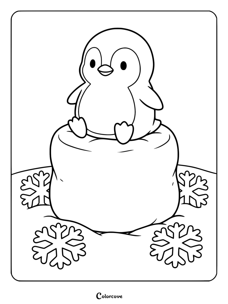 A cute baby penguin sitting on a large snow mound surrounded by snowflakes in this printable coloring page.