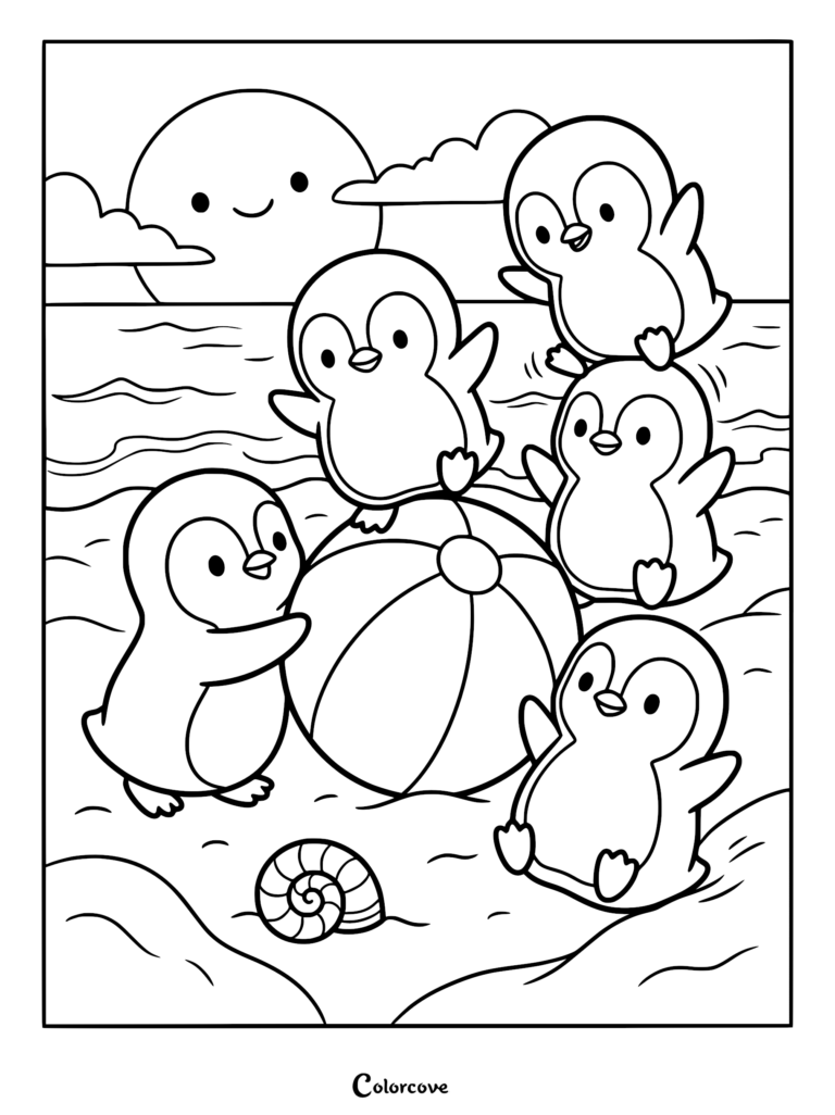Five cute penguins playing with a beach ball on the sand near the ocean in this printable coloring page.