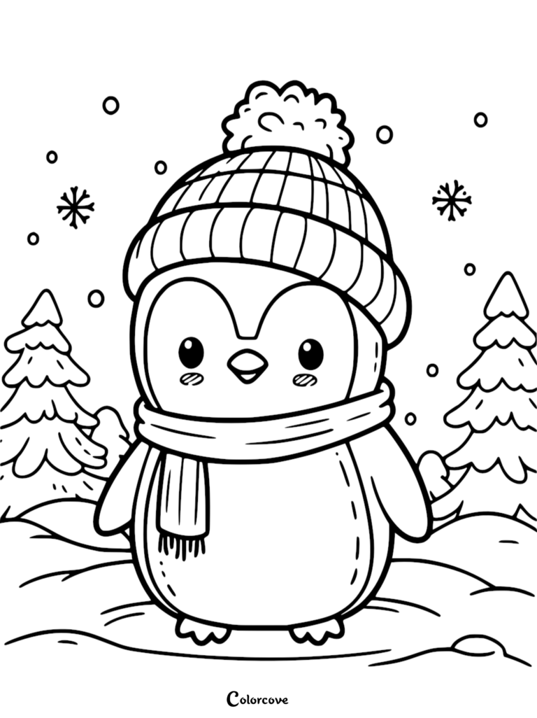 A cute penguin wearing a pom-pom beanie and scarf standing in a snowy forest, printable coloring page.