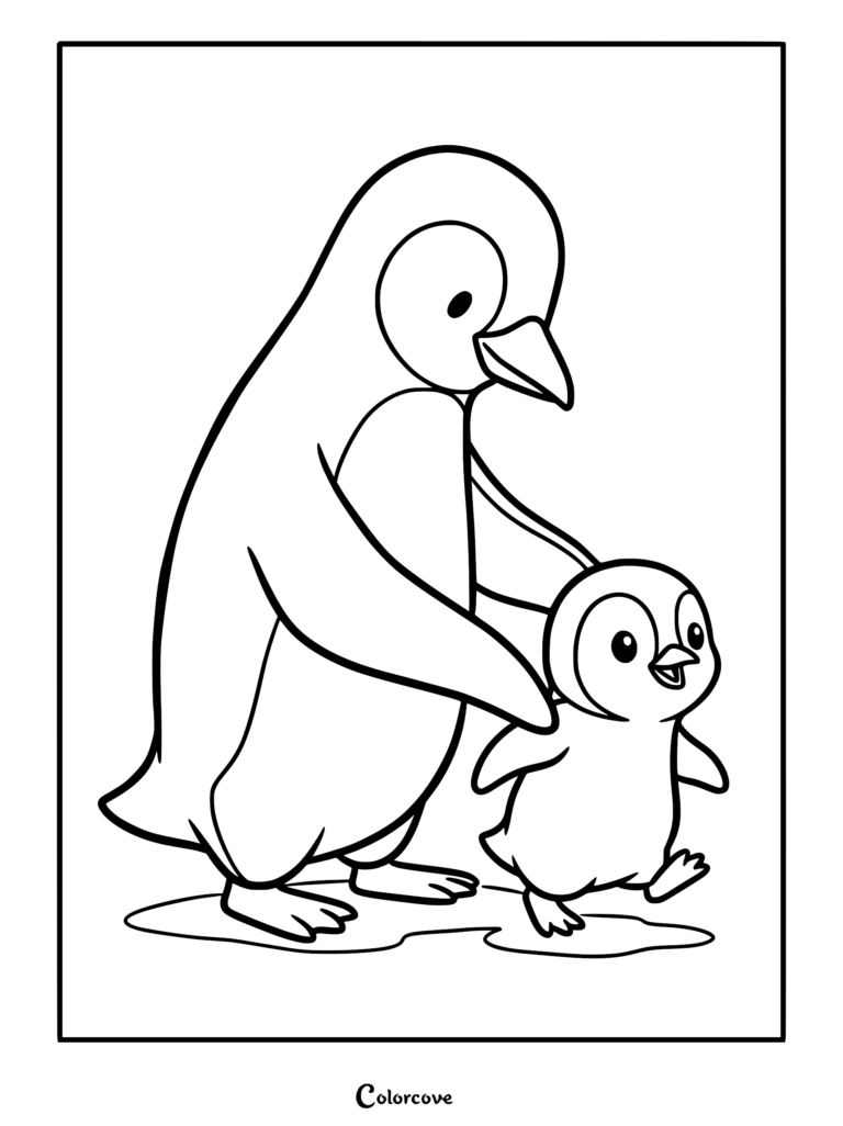 A printable coloring page featuring a large adult penguin gently guiding a small, happy penguin chick on the ice.