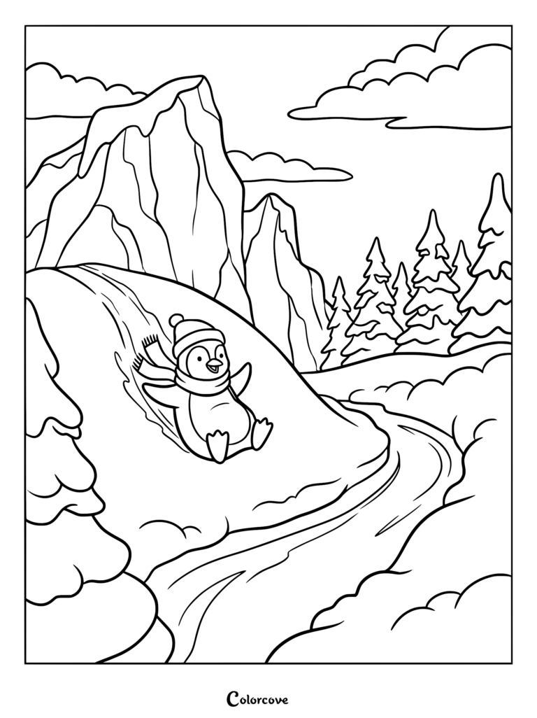 A cute penguin wearing a winter hat and scarf sliding down a snowy mountain slope in this printable coloring page.