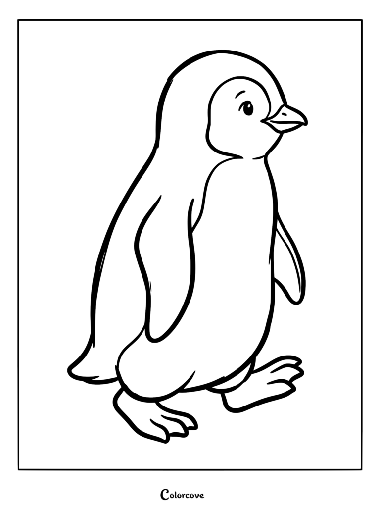 A simple coloring page featuring a cute baby penguin standing in profile with a friendly expression.