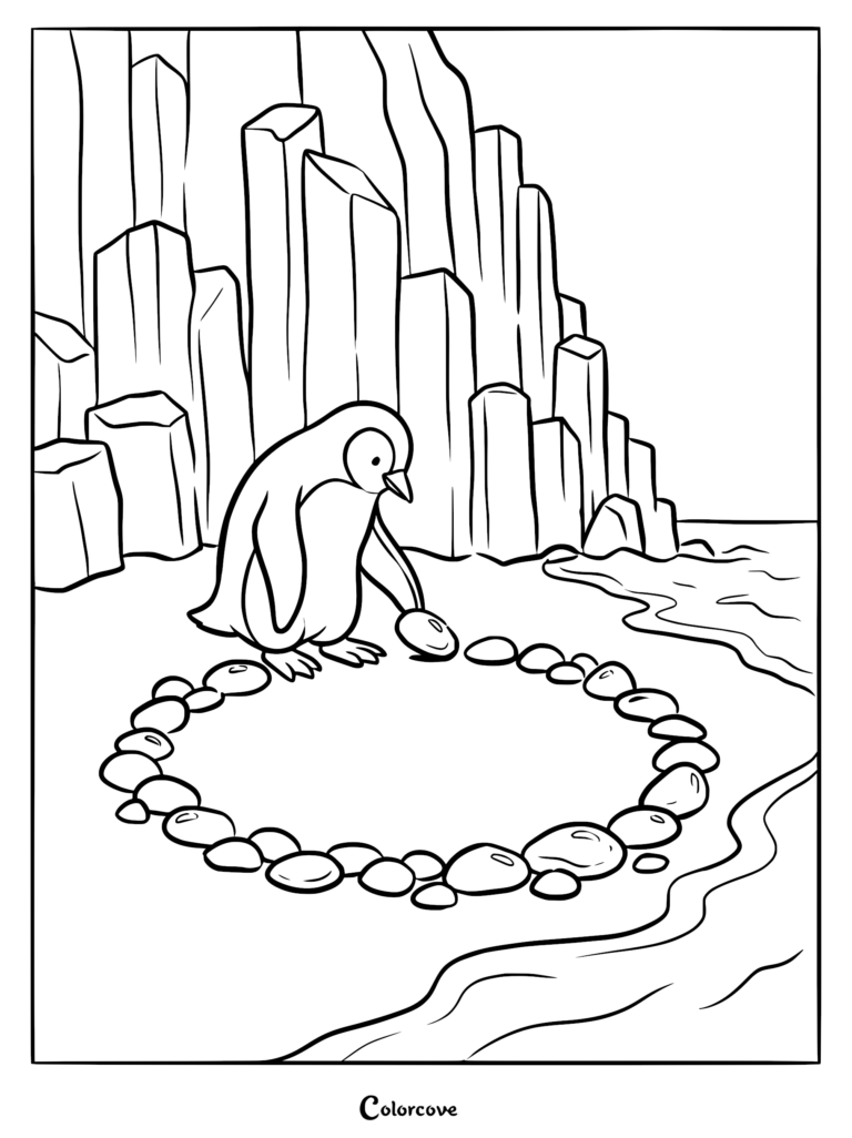 A penguin carefully placing a stone on a circular pebble nest on a beach near basalt columns, printable coloring page.