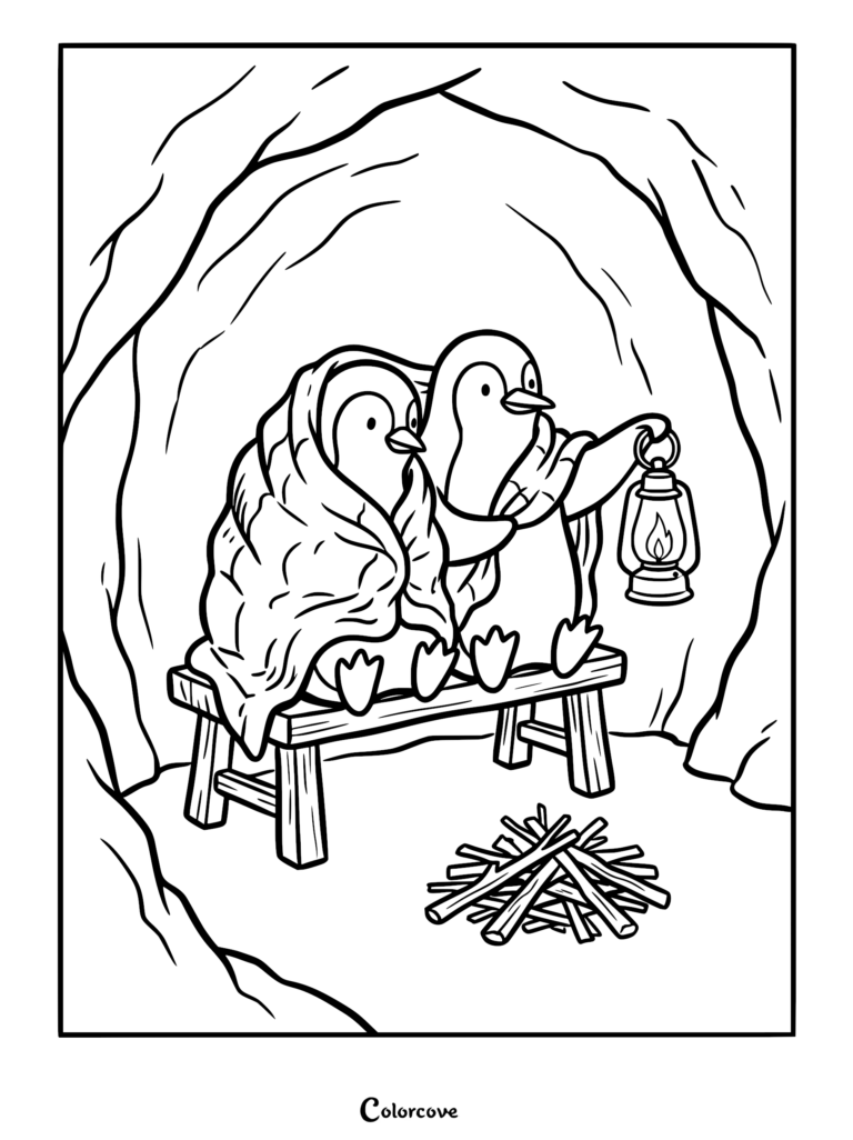 Two penguins wrapped in a blanket sitting on a wooden bench inside a cave holding a lantern, coloring page.