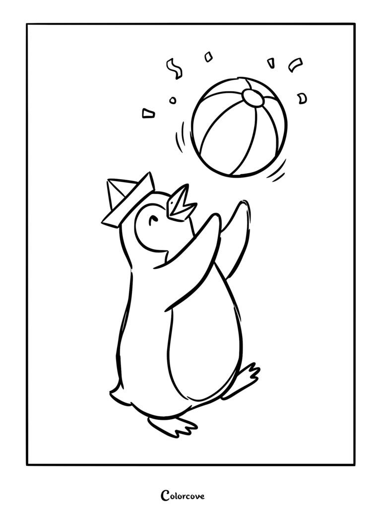 A cute penguin wearing a paper hat playing with a beach ball in this printable coloring page.