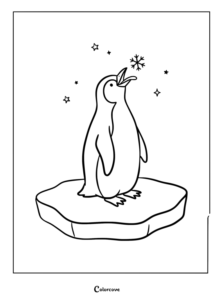 A simple line art coloring page featuring a cute penguin standing on an ice floe with its beak open to catch a falling snowflake surrounded by stars.