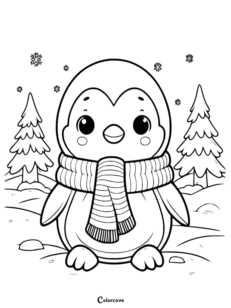 A cute penguin wearing a striped scarf standing in a snowy forest with pine trees, coloring page style line art.