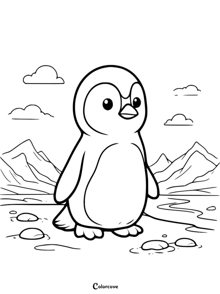 A cute baby penguin standing on a rocky shore with mountains and clouds in the background, simple line art coloring page.