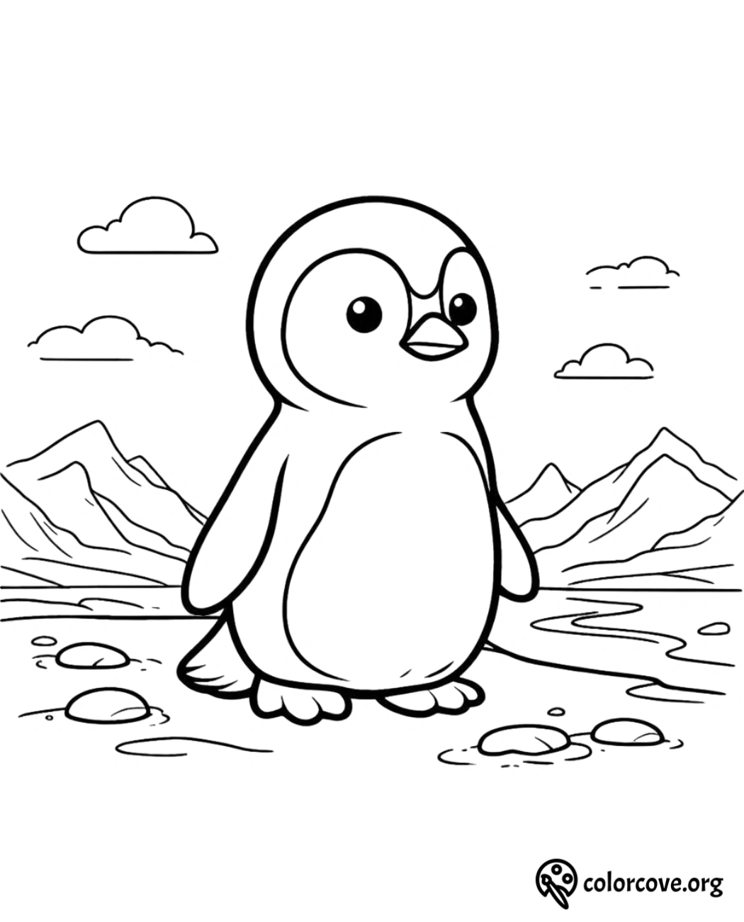 a black and white drawing of a penguin