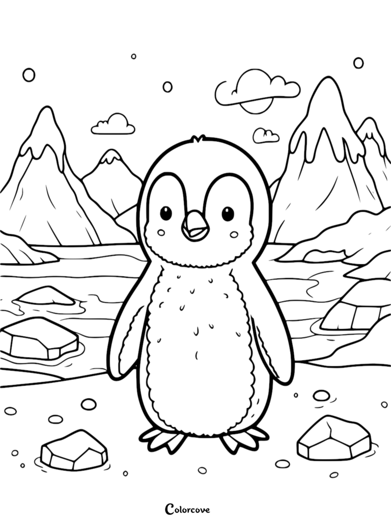 A cute baby penguin standing on icy ground with snowy mountains in the background, printable coloring page.