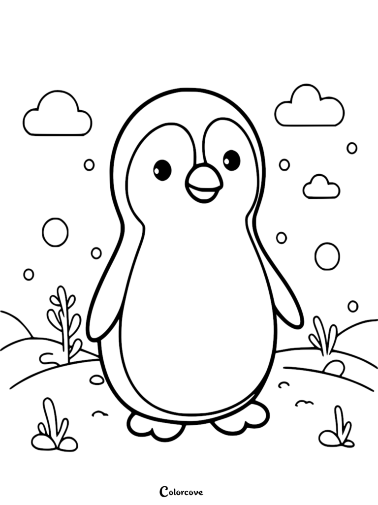 A simple coloring page featuring a cute cartoon penguin standing in a snowy landscape with clouds and bubbles.