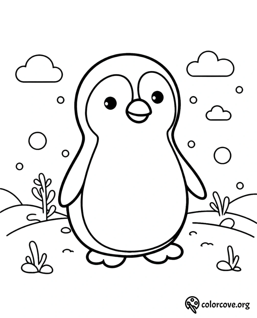 a black and white drawing of a penguin