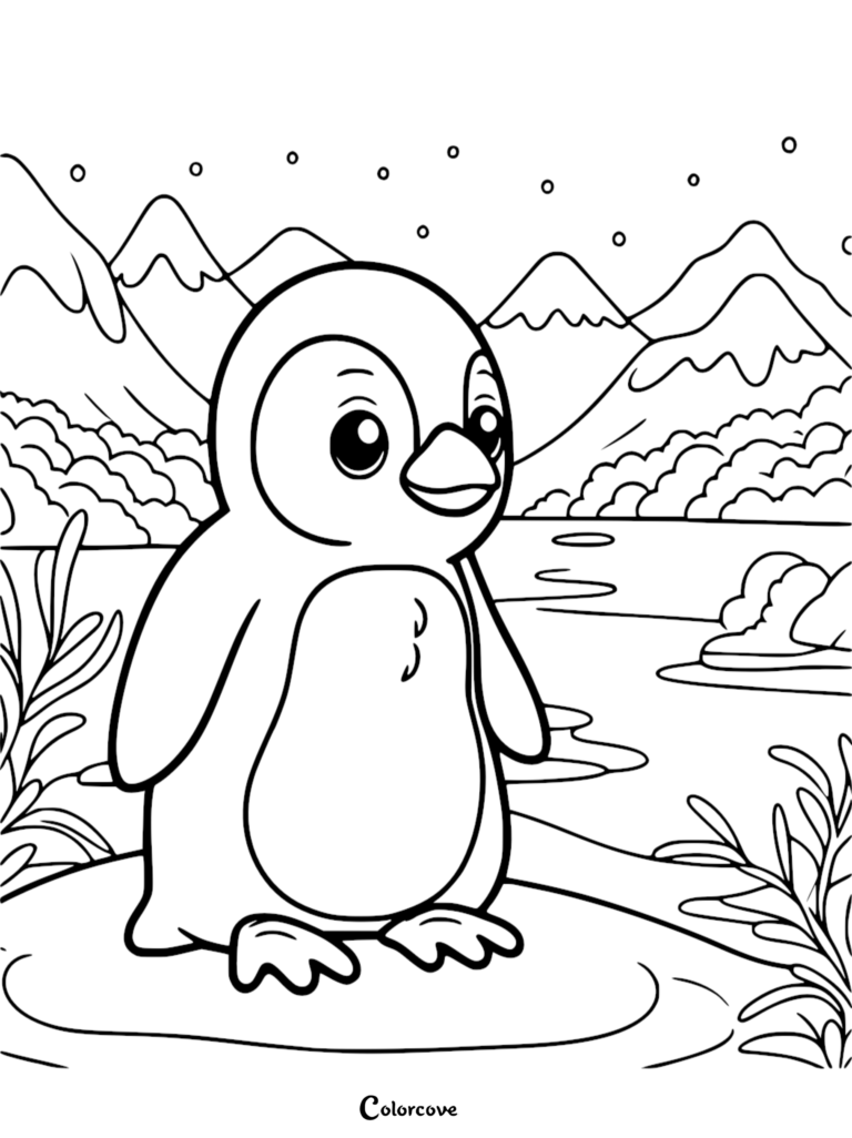 A cute baby penguin standing on an icy patch in front of snowy mountains, printable coloring page.