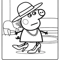 Peppa Pig playing dress-up in a fancy hat, pearl necklace, and high heel shoes, coloring page for kids