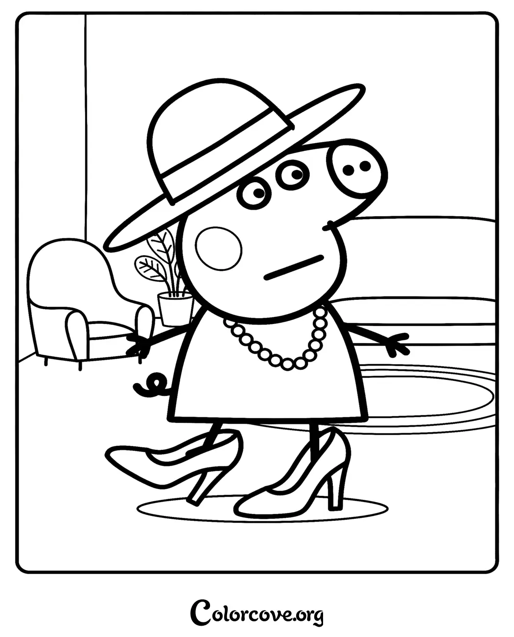 Download and print this fun Peppa Pig coloring page featuring Peppa playing dress-up in her mom's fancy accessories. It is a perfect, free activity for toddlers and preschoolers who love the show.