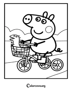 A printable coloring page featuring Peppa Pig riding her bicycle with George's toy dinosaur in the front basket.